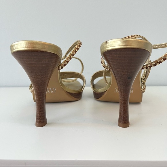 Y2K Franco Sarto Brown Gold Woven Strappy Heels 8 Party High Heels Leather - Picture 4 of 10